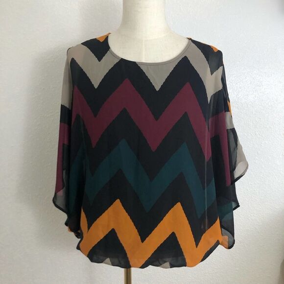 CATO Blouse Medium Chevron Pattern Kimono Sleeve Polyester Multicolor - Picture 1 of 6